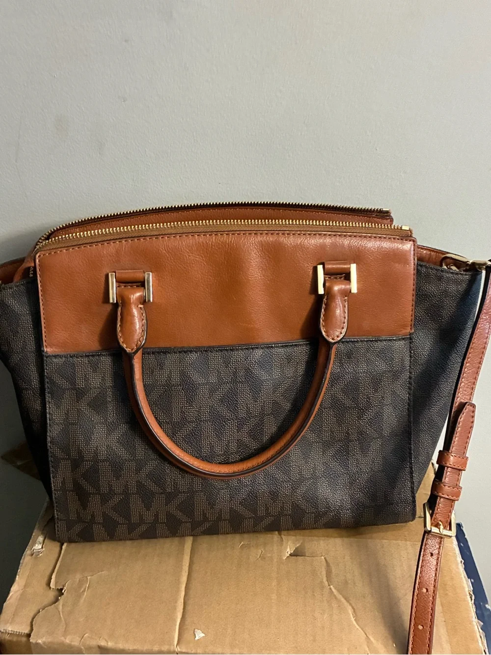 Michael Kors Brown Leather and Monogram Satchel with Gold Hardware